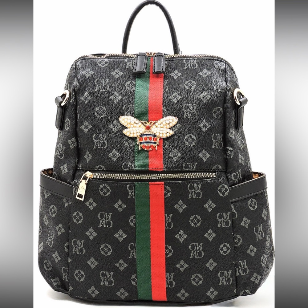 Black Monogram Backpack with Bee Charm and Striped Detail